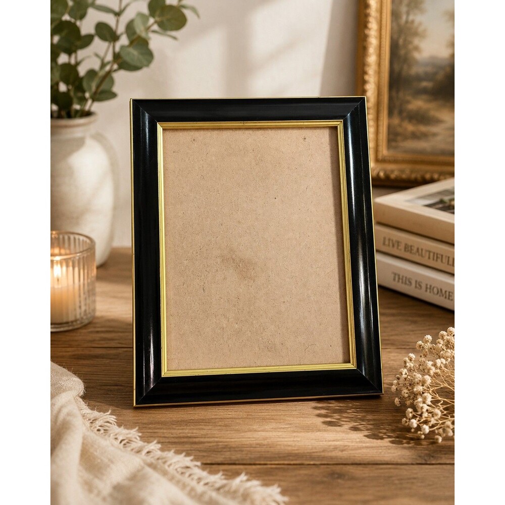 Vintage Black & Gold Picture Frame with Brass-Tone Trim – Classic Tabletop Photo